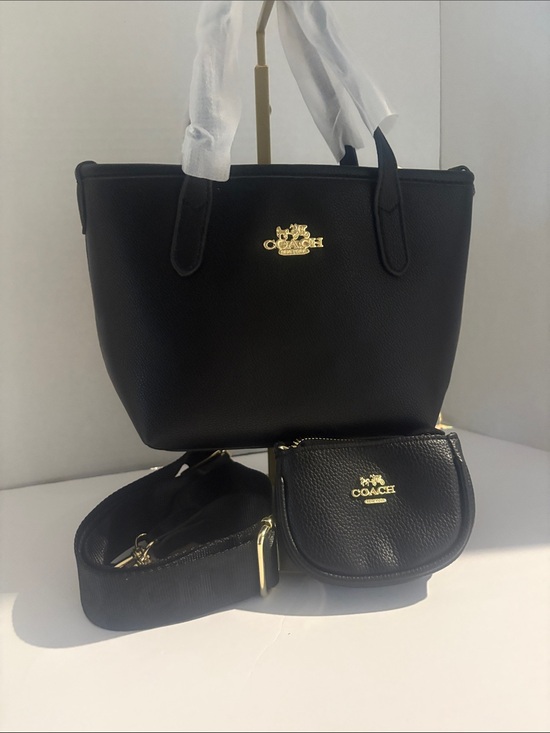 Coach Handbags - Coach Black Pebbled Leather Tote with Mini Pouch and Strap